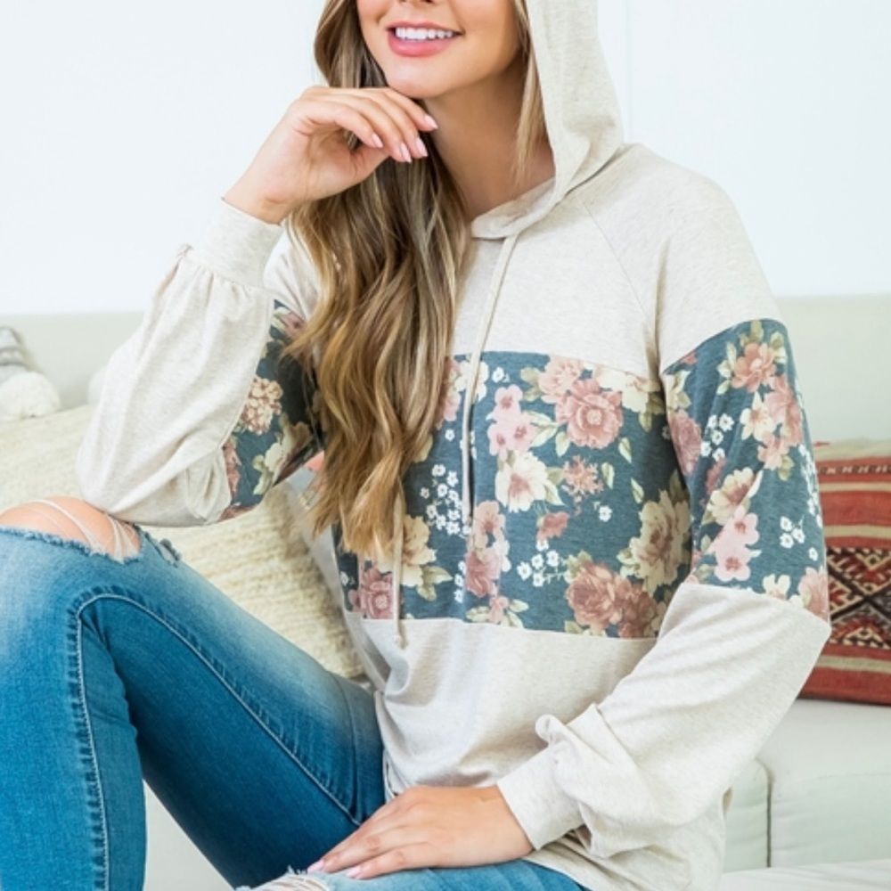 𝅺floral CONTRAST LONG SLEEVE HOODIE WITH SELF TIE-OATMEAL-BLACK/DARK CORAL! - Picture 3 of 6